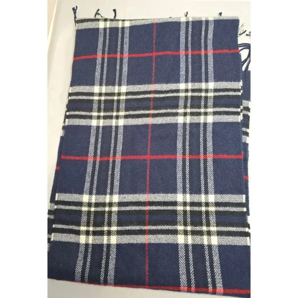 Classic Navy Blue Plaid Tartan Scarf w Fringe wool blend no tag warm ski winter
